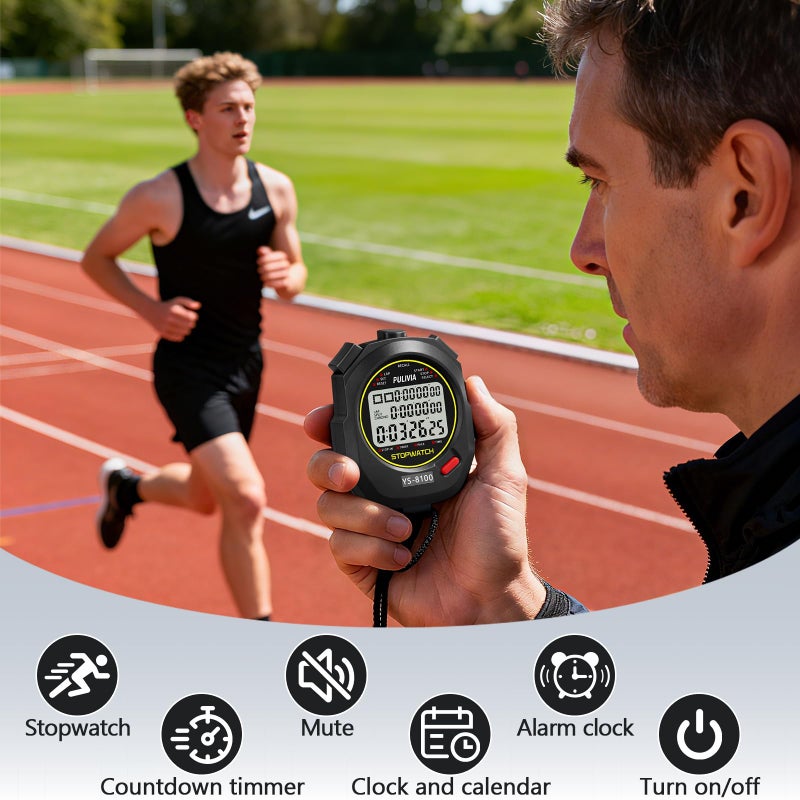 PULIVIA ساعة توقيت رياضية PULIVIA مع ذاكرة تقسيم 100 لفة، ساعة توقيت رقمية، مؤقت عد تنازلي، وضع سرعة، ساعة 12/24، تقويم مع منبه، شاشة كبيرة ثلاثية الصفوف، مقاومة للماء، بطارية مشمولة - Image 2